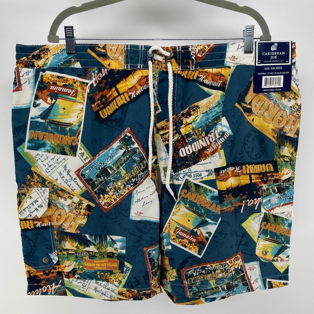 Caribbean Joe Swim Trunks Men XXL Blue Postcard Tropical Island New MCR0084
